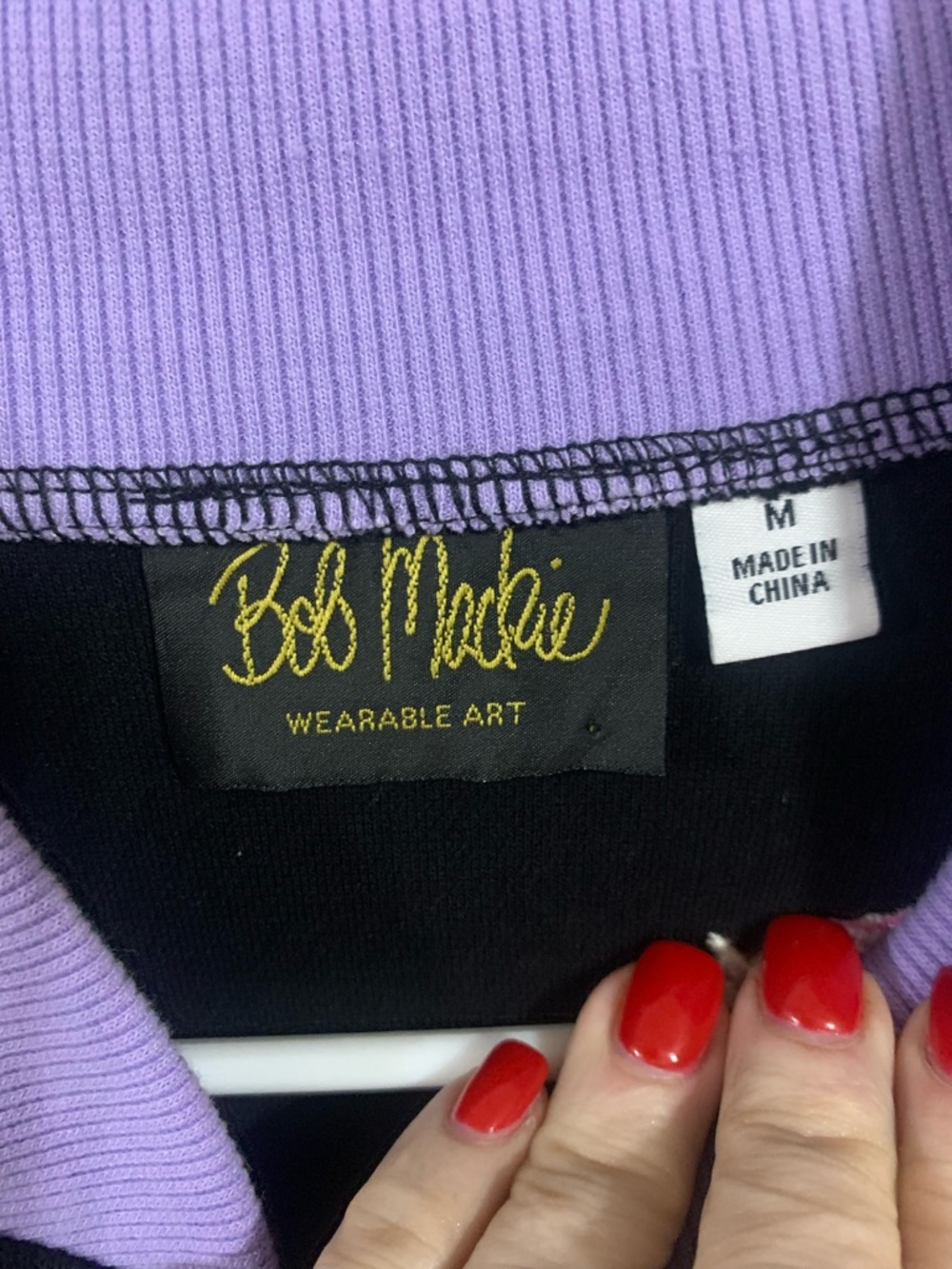 Bob Mackie Black Bomber Jacket with Lilac Trim and Pink Embroidery - Picture 3 of 3